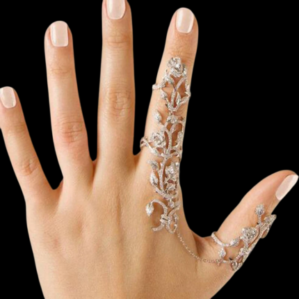 Make a bold statement with the Vintage Double Finger Chain Link Ring , a stunning fusion of vintage charm and modern elegance. This exquisite piece features a delicate chain link design adorned with sparkling rhinestones, creating an intricate floral motif that captures attention from every angle. Designed to be worn across two fingers, this ring adds a touch of sophistication and flair to any outfit, making it perfect for parties, special occasions, or even as a standout accessory for everyday wear. Its adjustable fit ensures comfort for both women and girls, while the timeless design makes it a versatile addition to any jewelry collection.