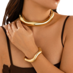Exaggerated Heavy Metal Wave Open Torques Choker Necklace & Bracelet