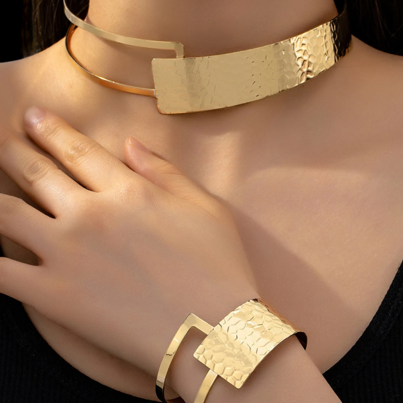 Wide Opening Torques Bracelets & Gold-Plated Necklace Set